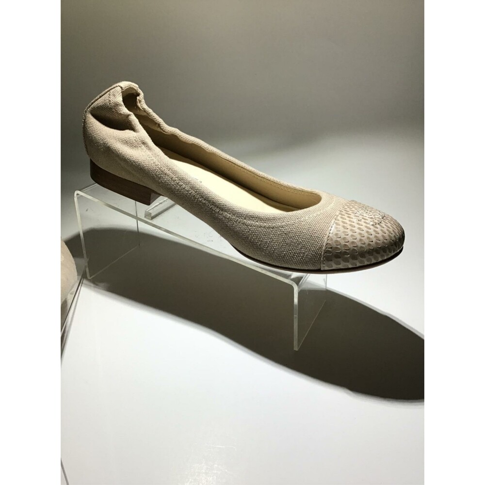 CHANEL Dark Beige Canvas/ Snake Cap CC Logo Toe Ballet Flats (Size 37.5)